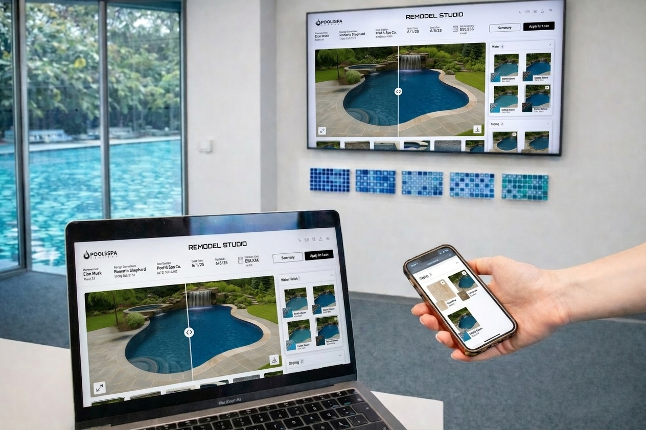 Before and after pool remodeling preview with Poolpix AI pool design software
