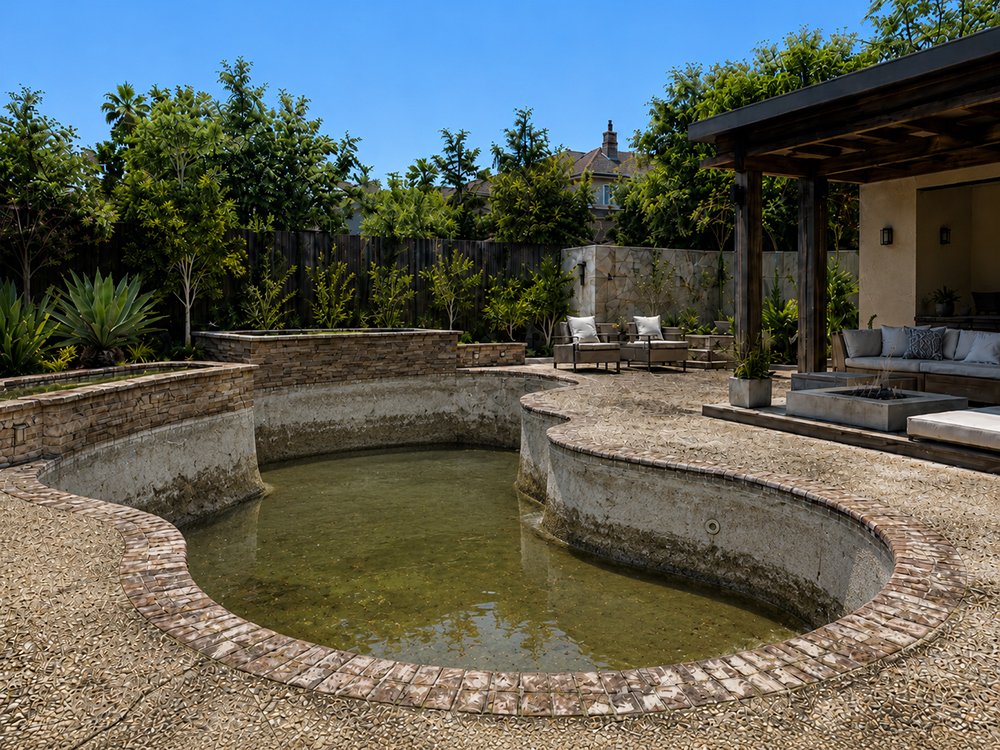 Before pool remodel with worn brick coping, old aggregate concrete, and dirty half-filled pool water